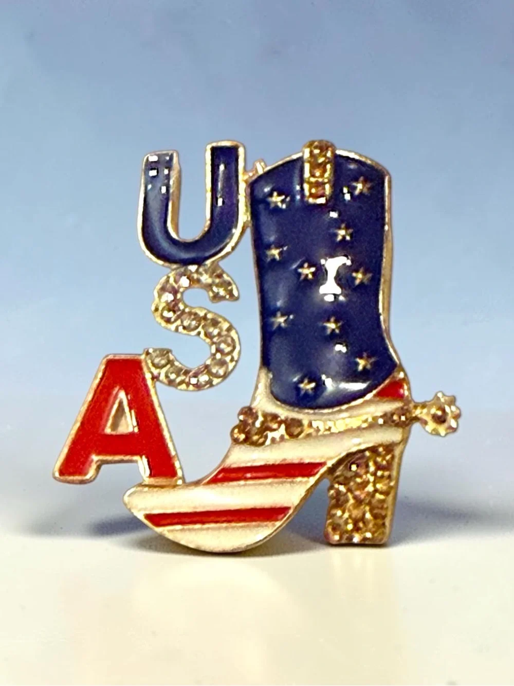 Patriotic USA Cowboy Boot Brooch in Red White and Blue